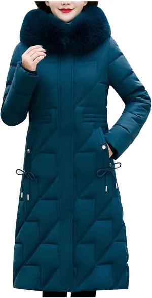 Long Winter Coats for Women Slim Fit Puffer Coat Parka Warm Maxi Down Jacket Faux Fur Collar Hooded Overcoat Thicken