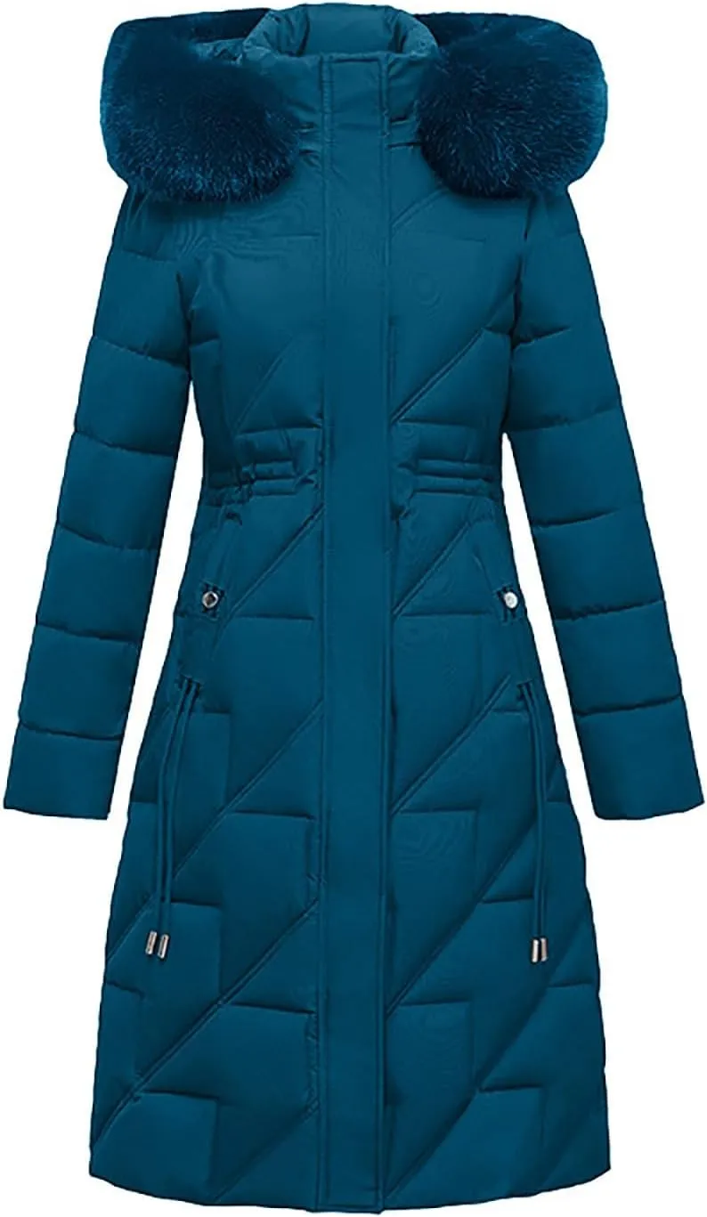 Long Winter Coats for Women Slim Fit Puffer Coat Parka Warm Maxi Down Jacket Faux Fur Collar Hooded Overcoat Thicken
