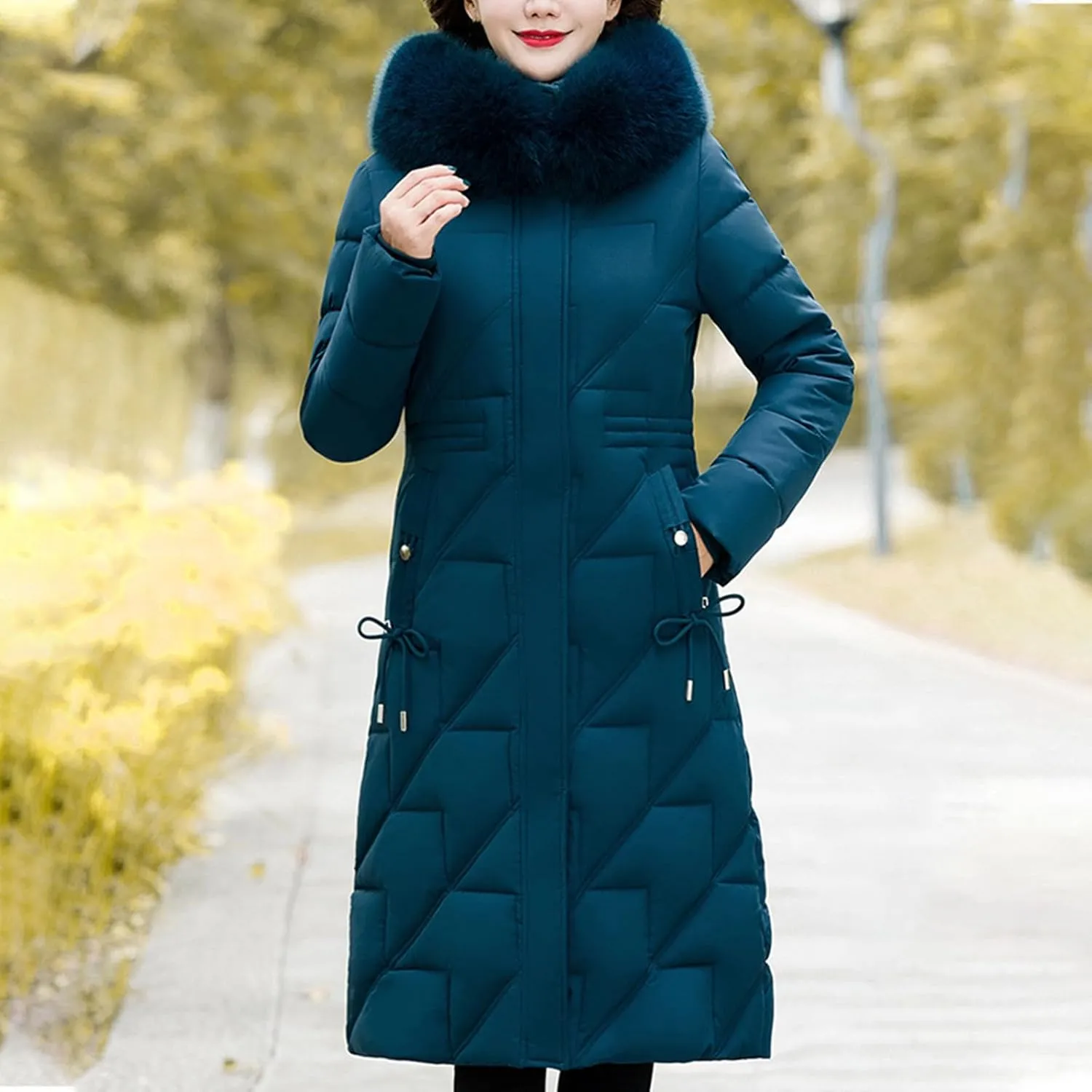 Long Winter Coats for Women Slim Fit Puffer Coat Parka Warm Maxi Down Jacket Faux Fur Collar Hooded Overcoat Thicken