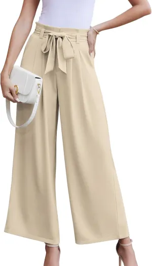 LOUSGUTA Paperbag Pants for Women Black Bow Front Wide Leg Pants High Waisted Tie Knot Trousers with Pockets