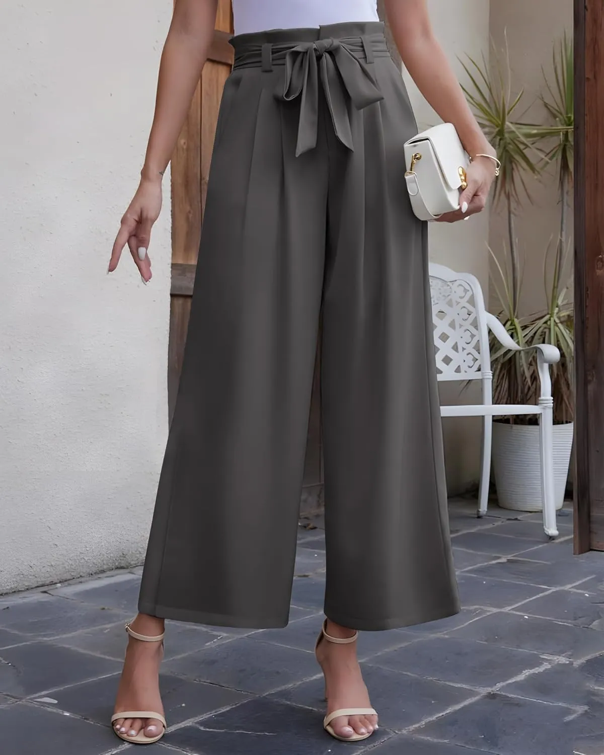 LOUSGUTA Paperbag Pants for Women Black Bow Front Wide Leg Pants High Waisted Tie Knot Trousers with Pockets