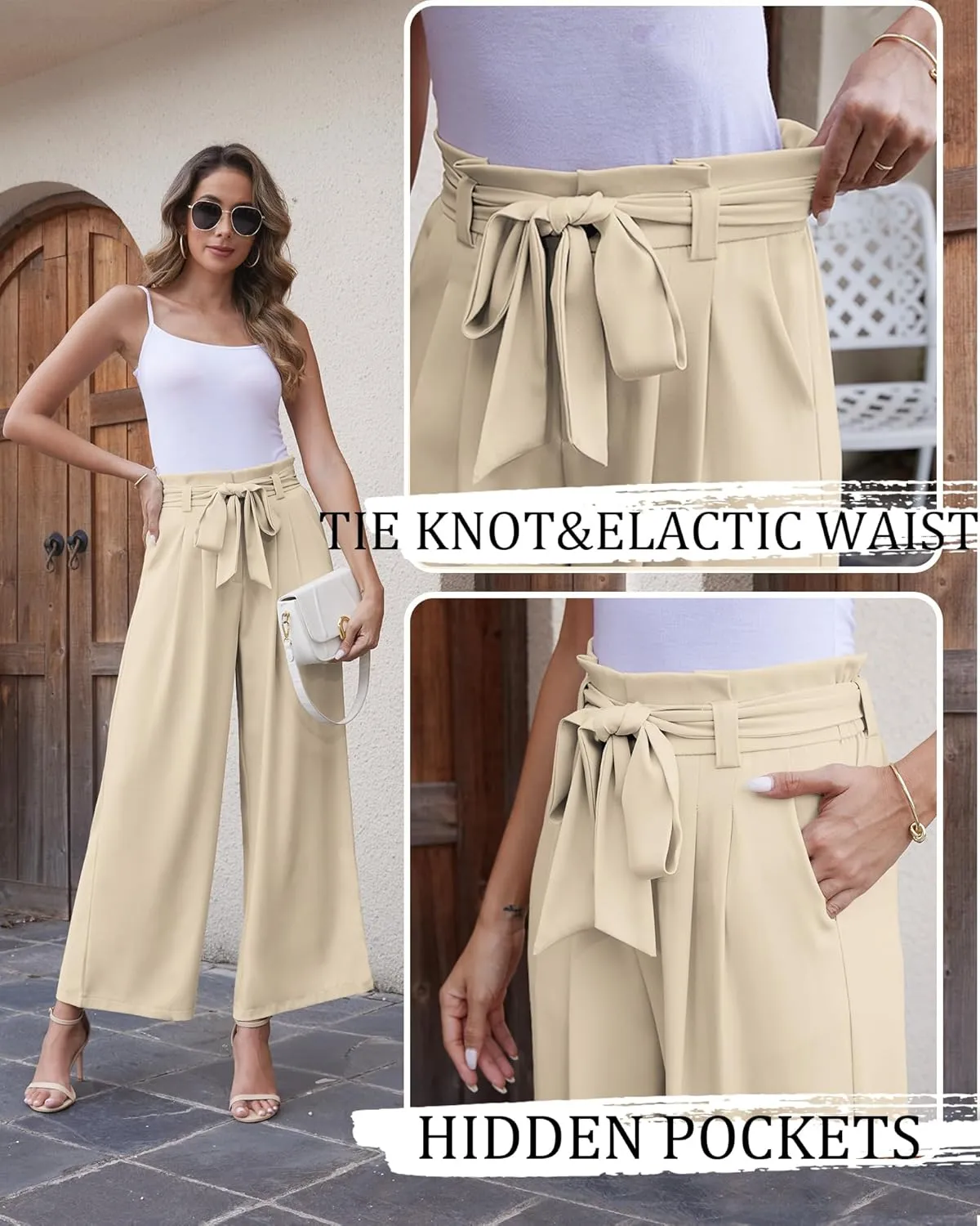 LOUSGUTA Paperbag Pants for Women Black Bow Front Wide Leg Pants High Waisted Tie Knot Trousers with Pockets