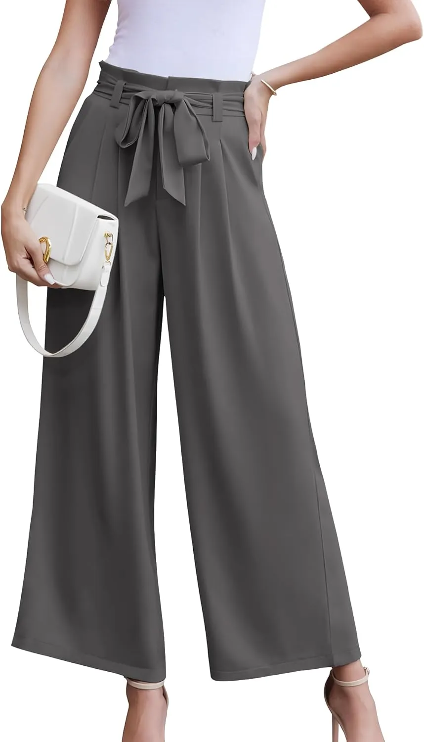 LOUSGUTA Paperbag Pants for Women Black Bow Front Wide Leg Pants High Waisted Tie Knot Trousers with Pockets