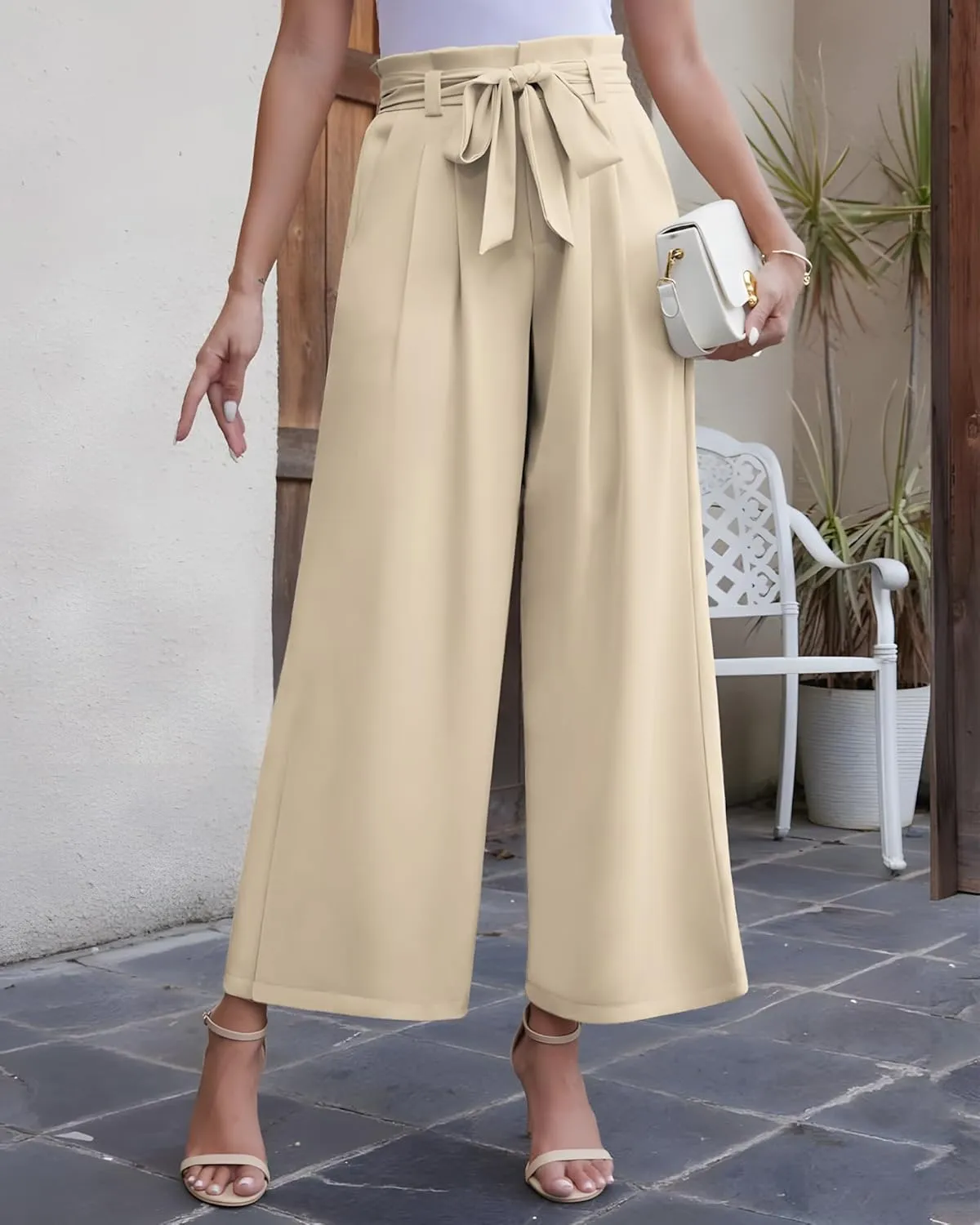 LOUSGUTA Paperbag Pants for Women Black Bow Front Wide Leg Pants High Waisted Tie Knot Trousers with Pockets