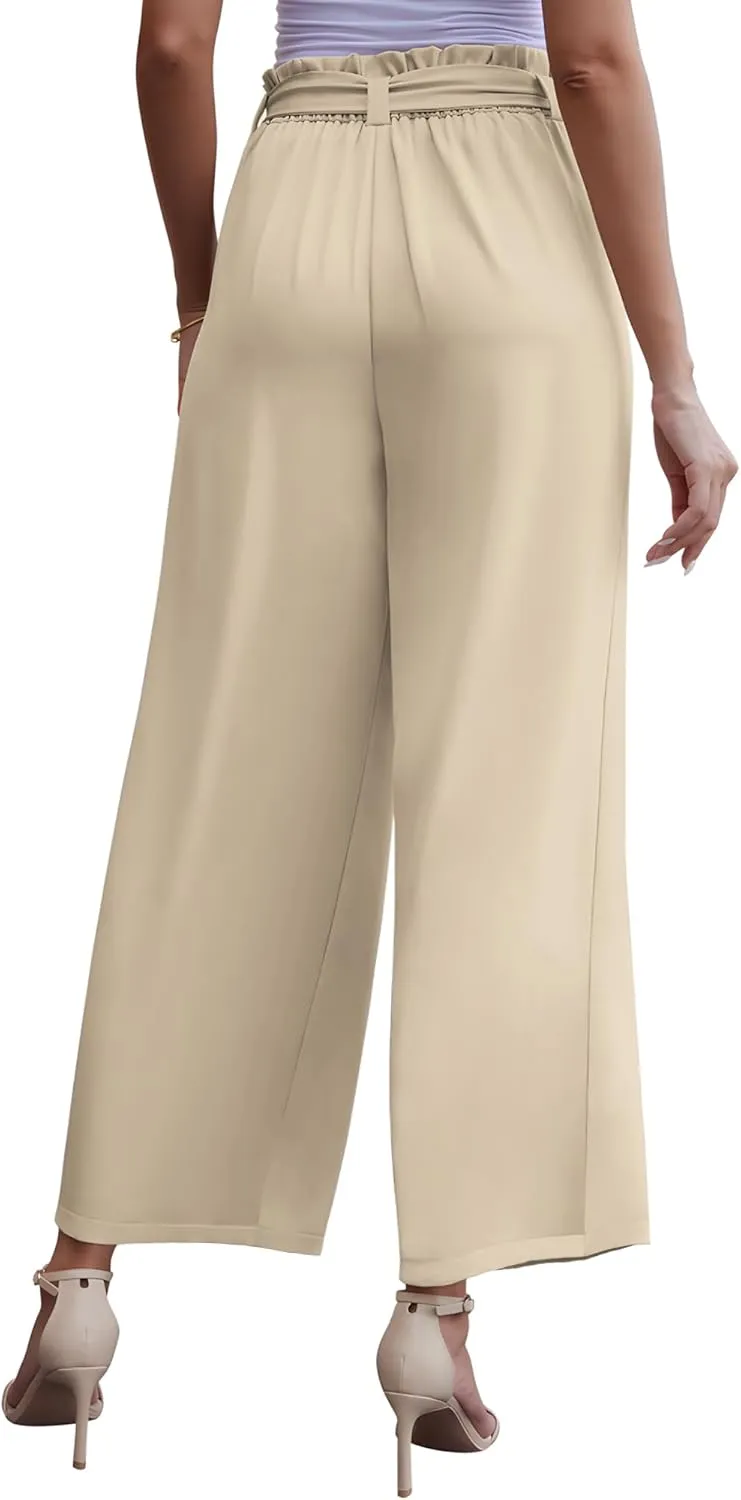 LOUSGUTA Paperbag Pants for Women Black Bow Front Wide Leg Pants High Waisted Tie Knot Trousers with Pockets