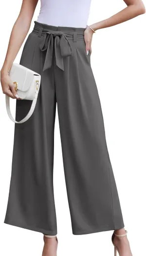 LOUSGUTA Paperbag Pants for Women Black Bow Front Wide Leg Pants High Waisted Tie Knot Trousers with Pockets