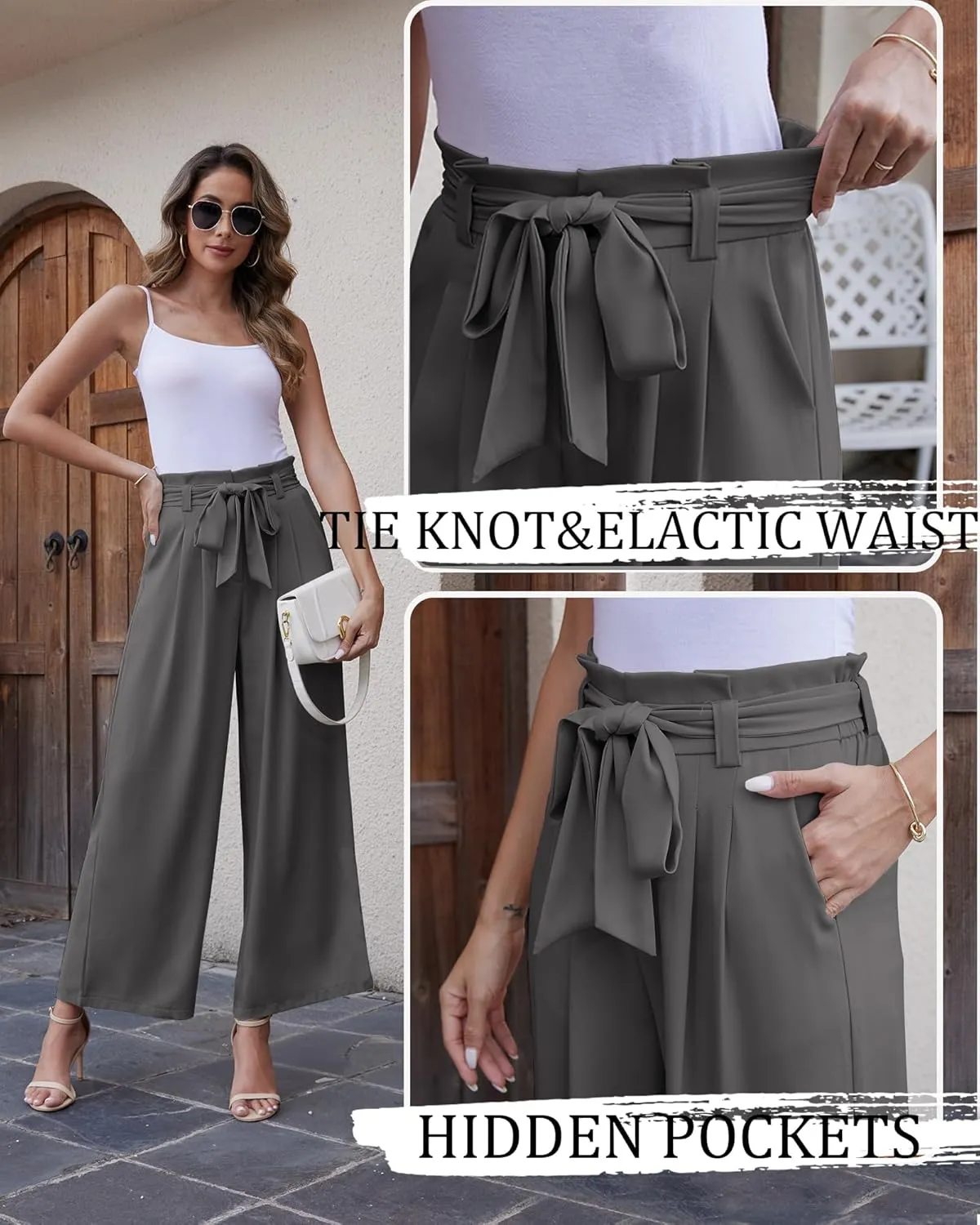 LOUSGUTA Paperbag Pants for Women Black Bow Front Wide Leg Pants High Waisted Tie Knot Trousers with Pockets