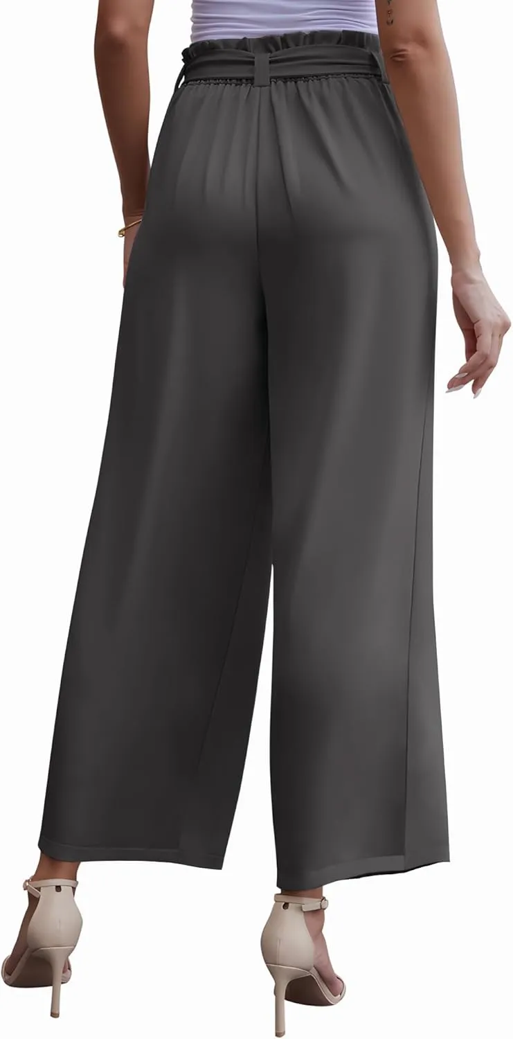 LOUSGUTA Paperbag Pants for Women Black Bow Front Wide Leg Pants High Waisted Tie Knot Trousers with Pockets
