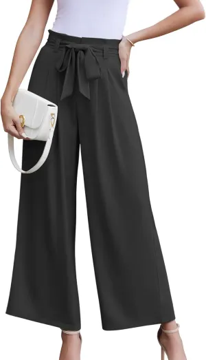 LOUSGUTA Paperbag Pants for Women Black Bow Front Wide Leg Pants High Waisted Tie Knot Trousers with Pockets
