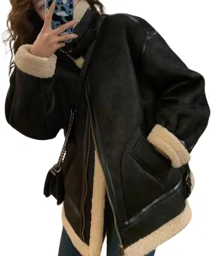 loveimgs Women Oversized Faux Suede Moto Jacket Sherpa Fleece Lined Leather Jacket Aviator Shearling Fur Coat Overcoat