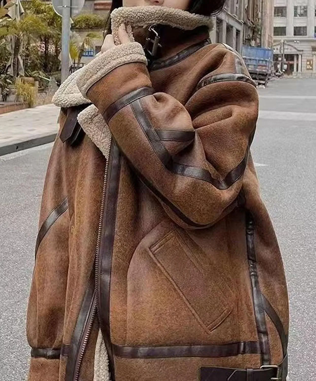 loveimgs Women Oversized Faux Suede Moto Jacket Sherpa Fleece Lined Leather Jacket Aviator Shearling Fur Coat Overcoat