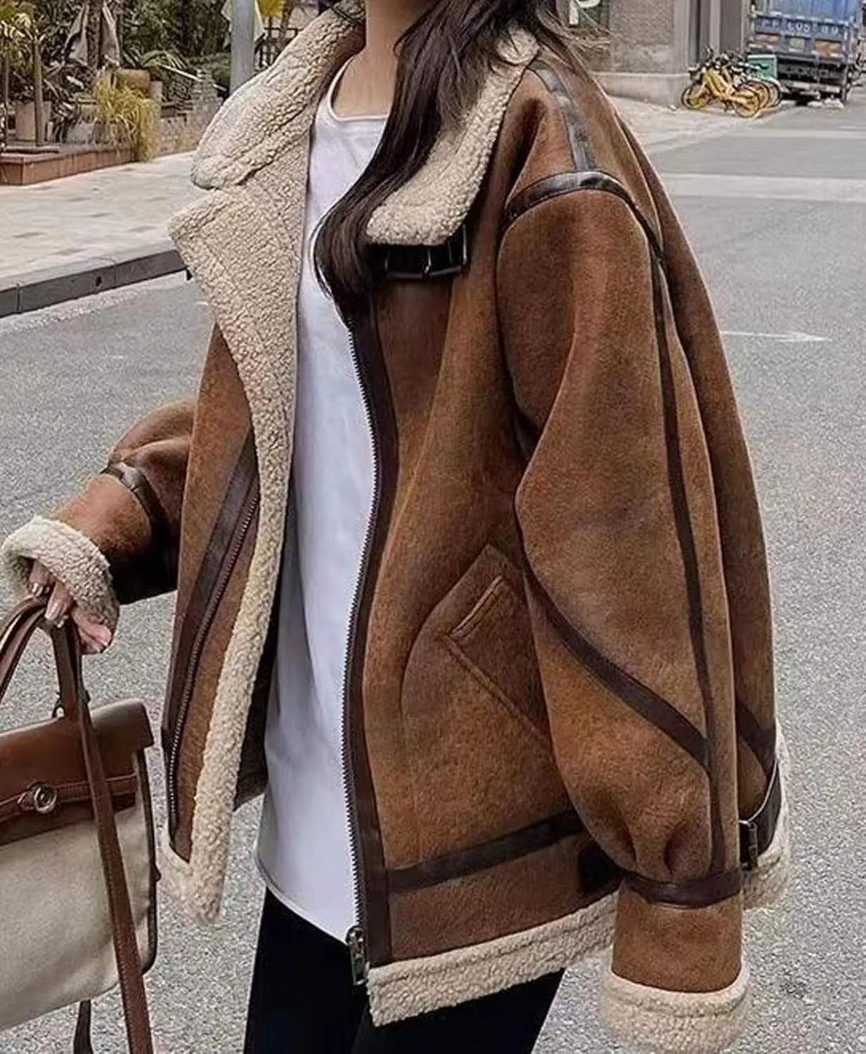 loveimgs Women Oversized Faux Suede Moto Jacket Sherpa Fleece Lined Leather Jacket Aviator Shearling Fur Coat Overcoat