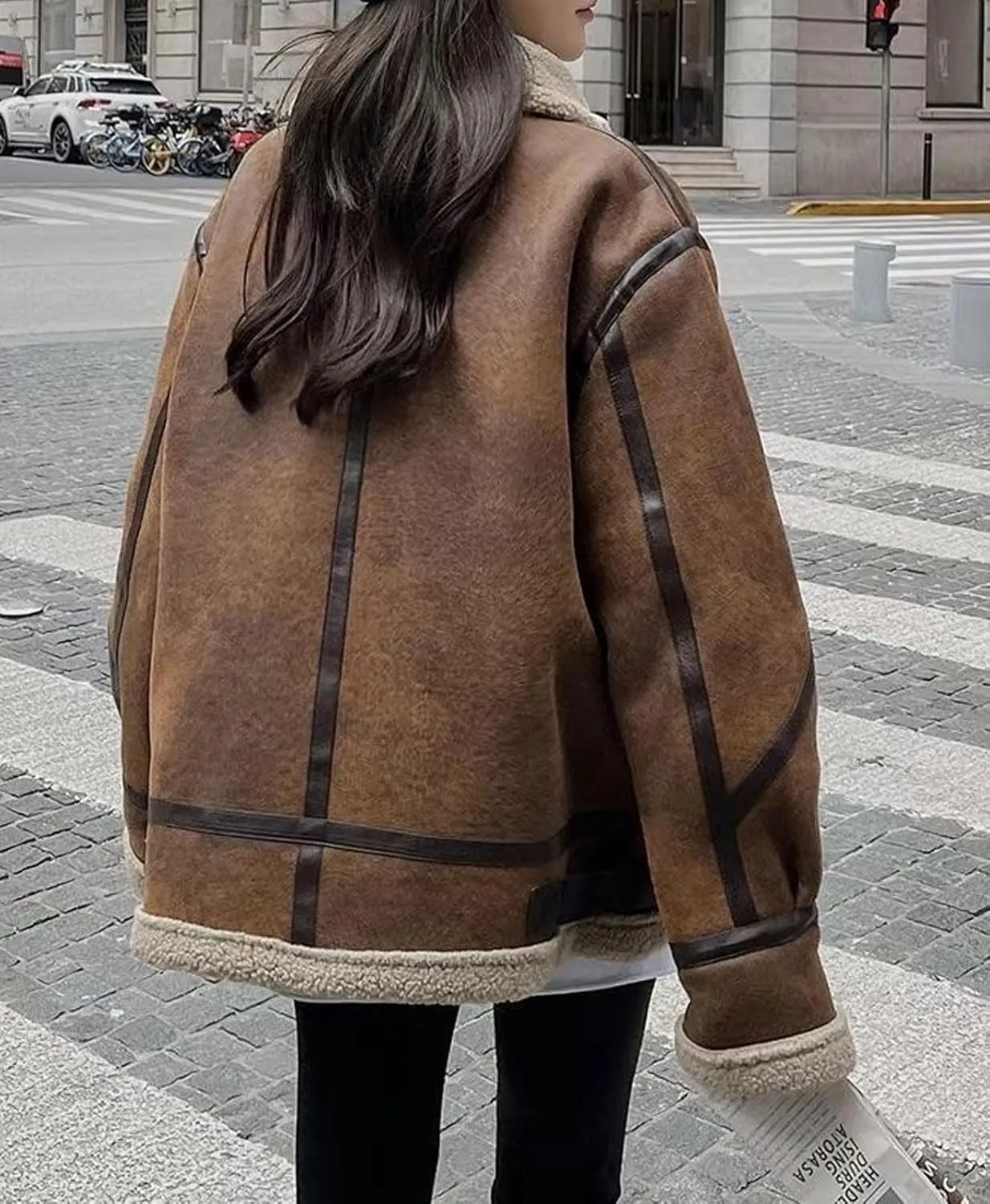 loveimgs Women Oversized Faux Suede Moto Jacket Sherpa Fleece Lined Leather Jacket Aviator Shearling Fur Coat Overcoat