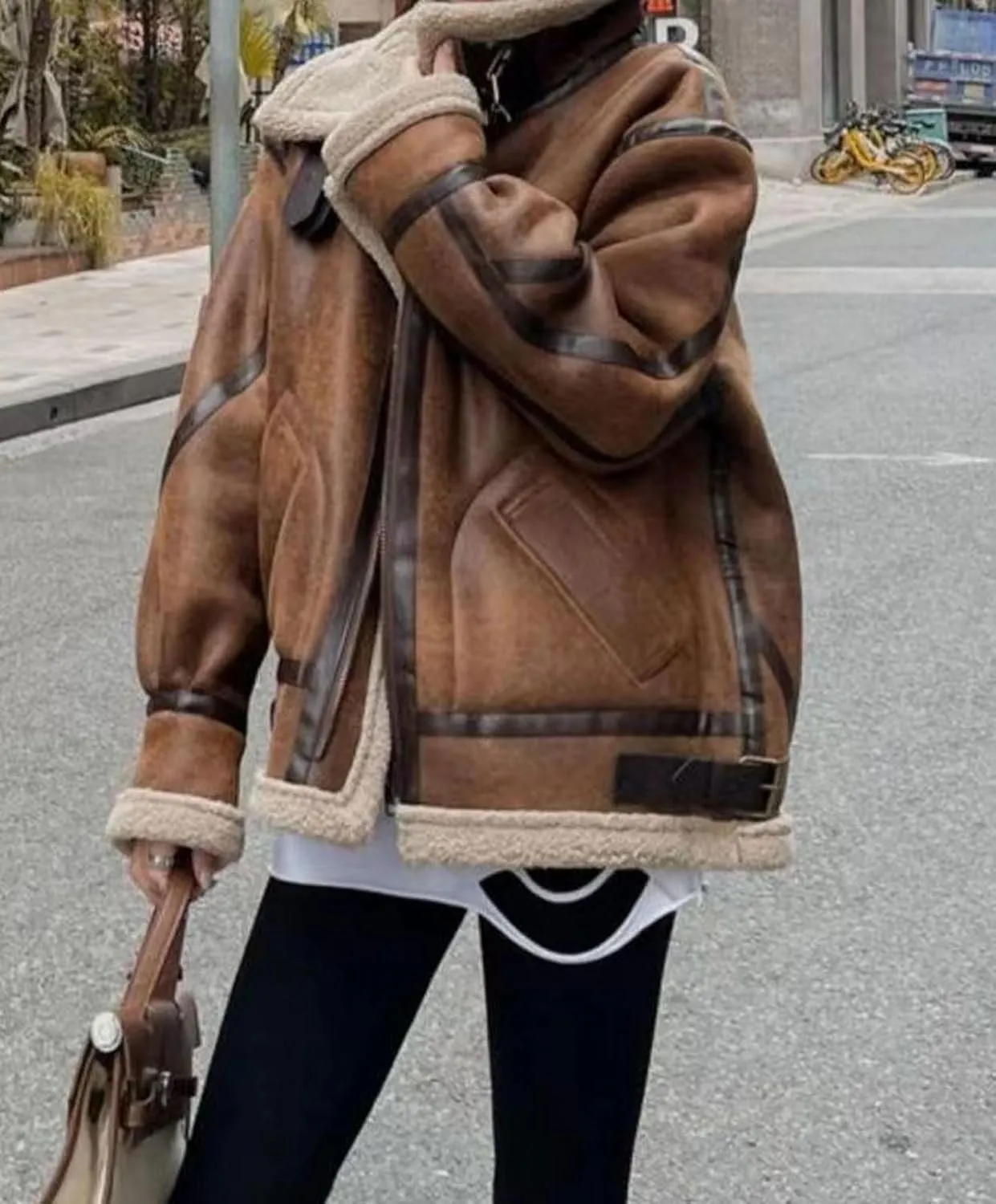 loveimgs Women Oversized Faux Suede Moto Jacket Sherpa Fleece Lined Leather Jacket Aviator Shearling Fur Coat Overcoat