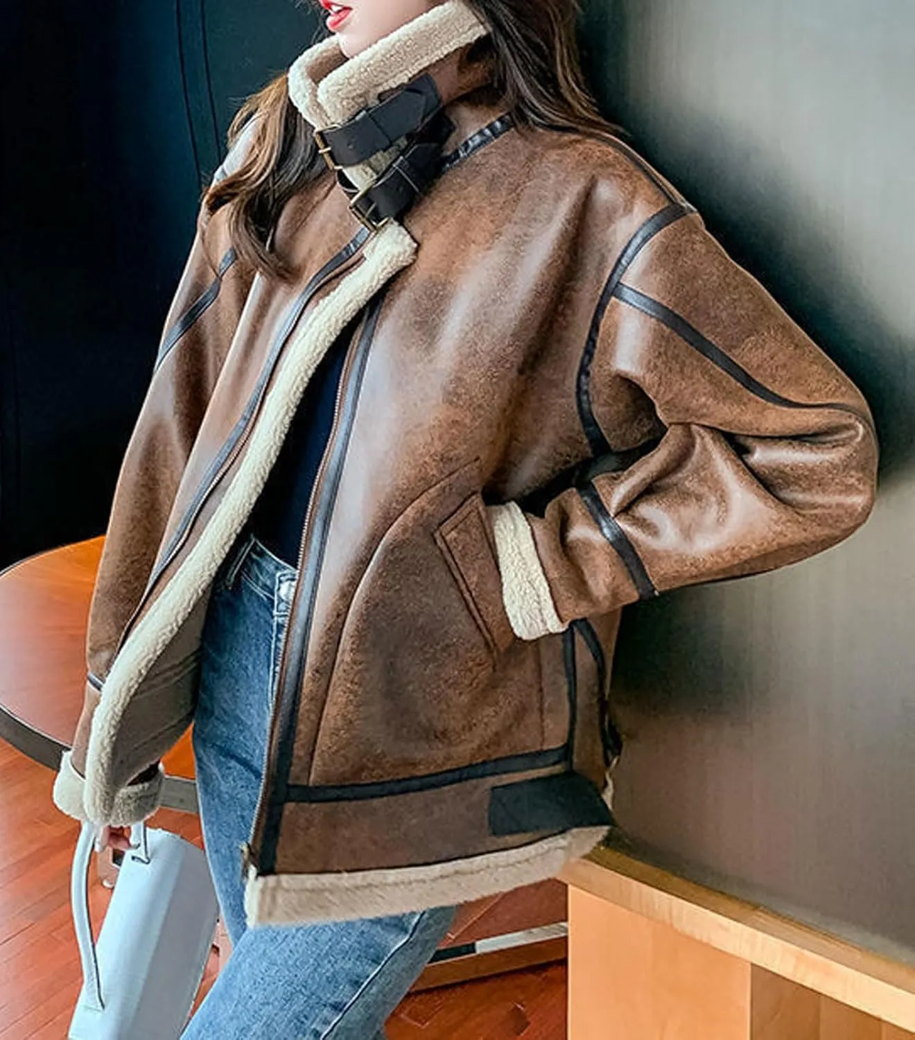 loveimgs Women Oversized Faux Suede Moto Jacket Sherpa Fleece Lined Leather Jacket Aviator Shearling Fur Coat Overcoat