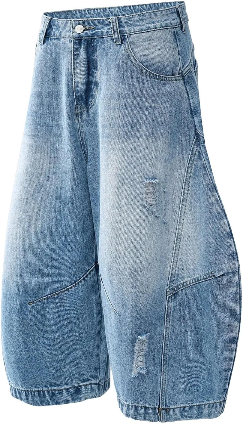 Men Baggy Denim Jorts Y2K Grunge Loose Hip Hop Jean Shorts Summer Casual Mid Jeans with Pockets Streetwear
