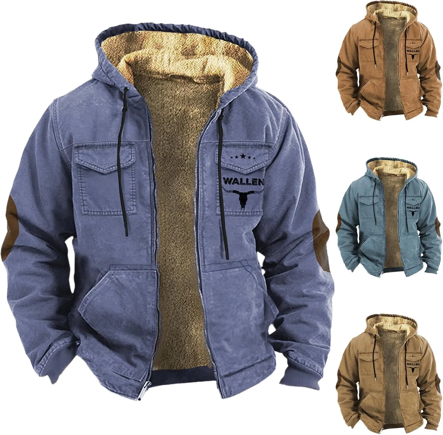 Men Fleece Lined Jackets Winter Trendy Long Sleeve Coats Zip Up Hoodies Sweatshirts Sherpa Cardigan with Pockets