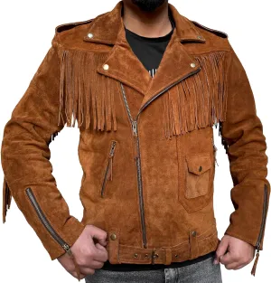 Men Real Tan Suede Fringe Tassel Brando Notch Lapel Collar Vintage Motorcycle Western American Cowboy Jacket