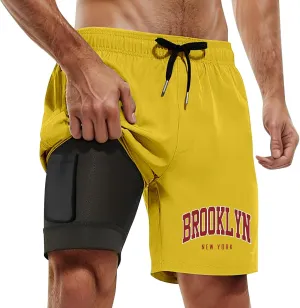 Men's 2 in 1 Running Shorts Quick-Drying Gym Athletic Workout Breathable Comfy Sports Shorts with Compression Liner