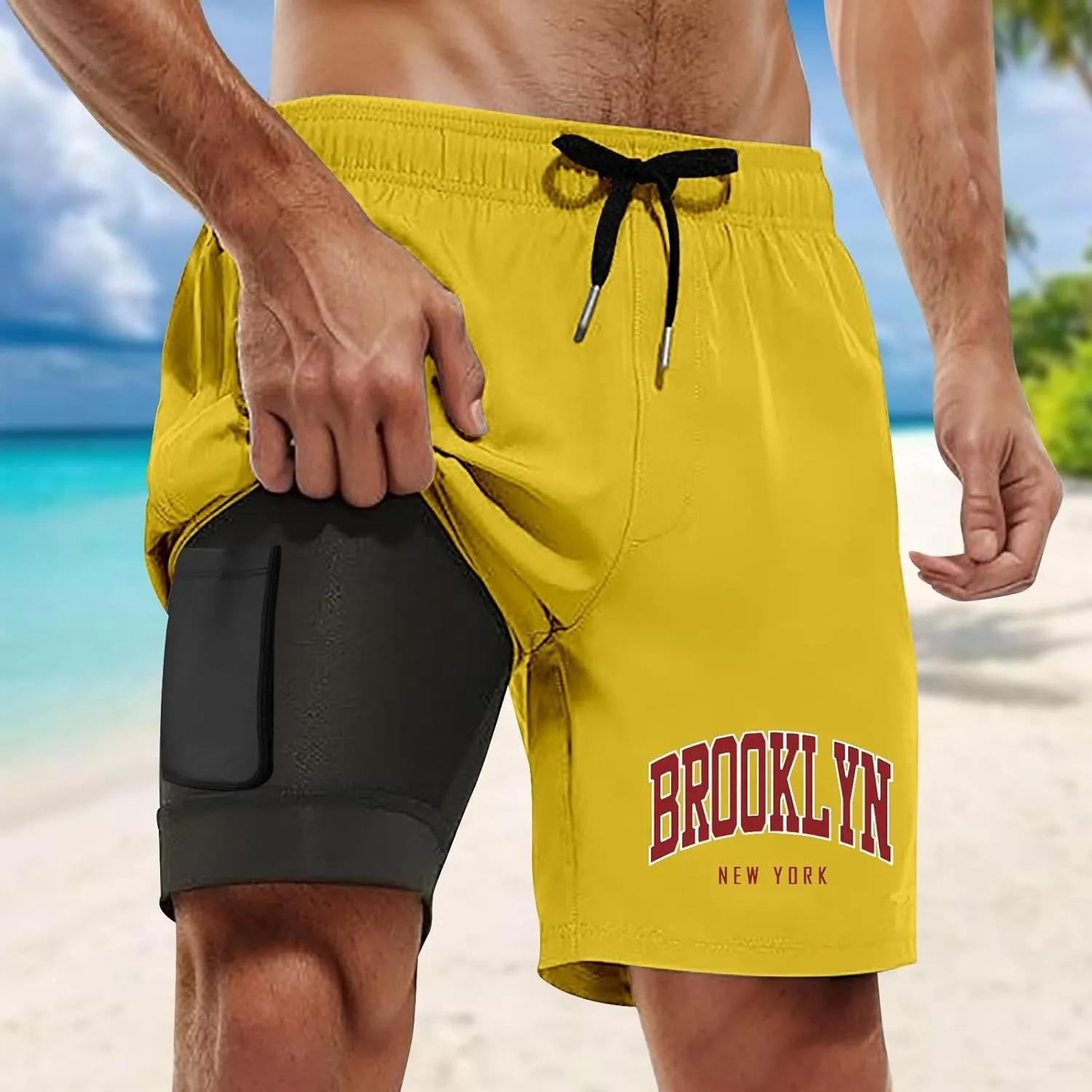 Men's 2 in 1 Running Shorts Quick-Drying Gym Athletic Workout Breathable Comfy Sports Shorts with Compression Liner