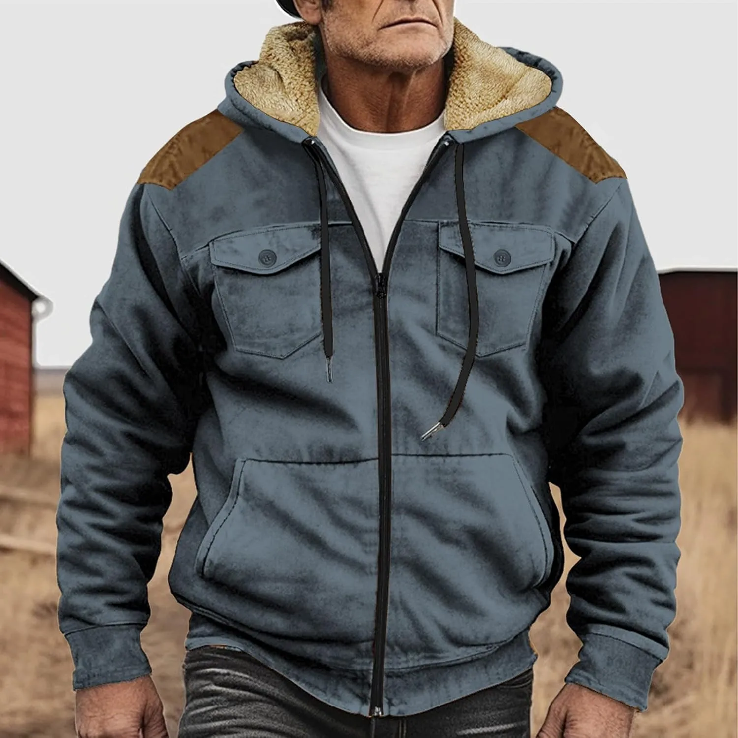 Men's Aztec Western Jackets Cowboy Winter Warm Sherpa Suede Fleece Coats Long Sleeve Retro Ethnic Vintage Casual Jacket