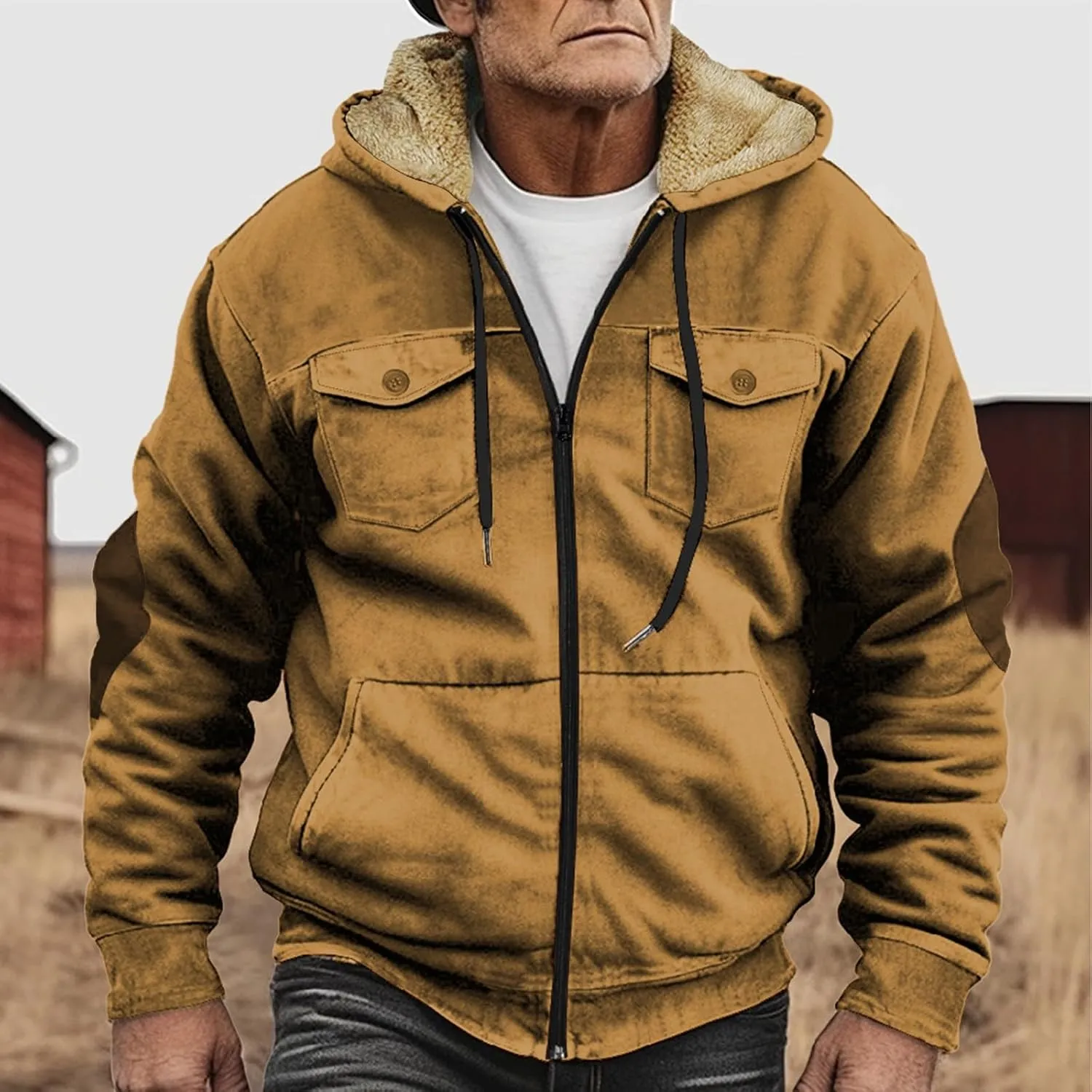 Men's Aztec Western Jackets Cowboy Winter Warm Sherpa Suede Fleece Coats Long Sleeve Retro Ethnic Vintage Casual Jacket