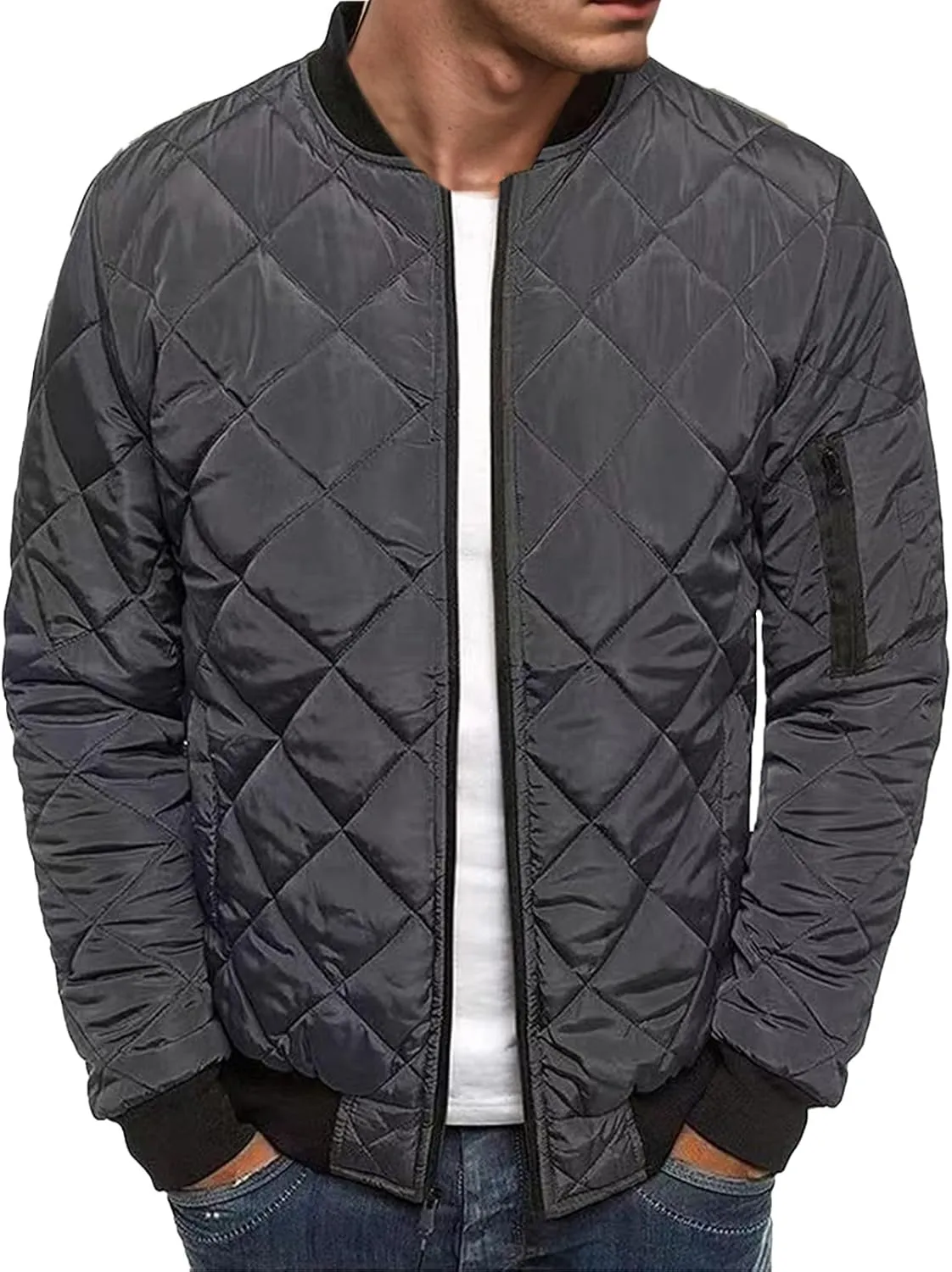 Mens Bomber Jackets Diamond Quilted Fall Winter Rib Varsity Lightweight Jacket Warm Padded Coats Outwear with Pockets