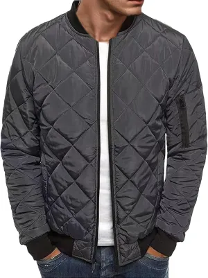 Mens Bomber Jackets Diamond Quilted Fall Winter Rib Varsity Lightweight Jacket Warm Padded Coats Outwear with Pockets