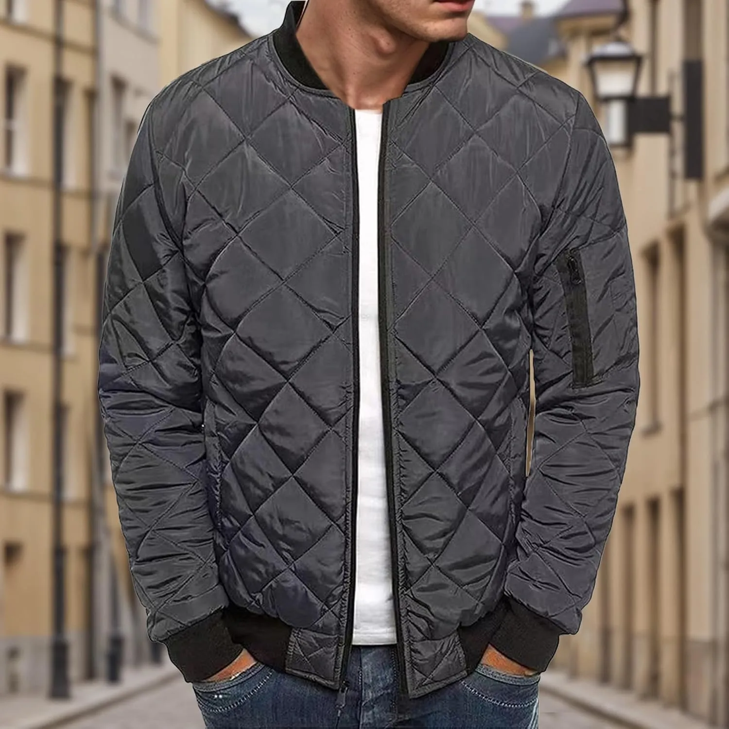 Mens Bomber Jackets Diamond Quilted Fall Winter Rib Varsity Lightweight Jacket Warm Padded Coats Outwear with Pockets