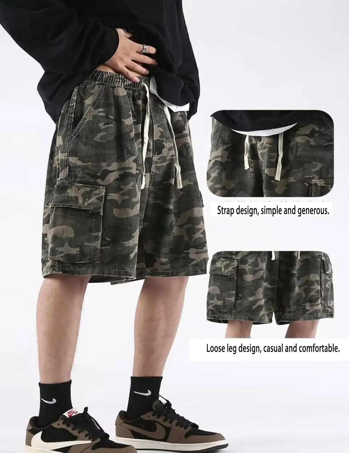 Mens Camo Cargo Shorts Y2k Baggy Jorts Hip Hop Camouflage Shorts Goth Bermuda Shorts Streetwear