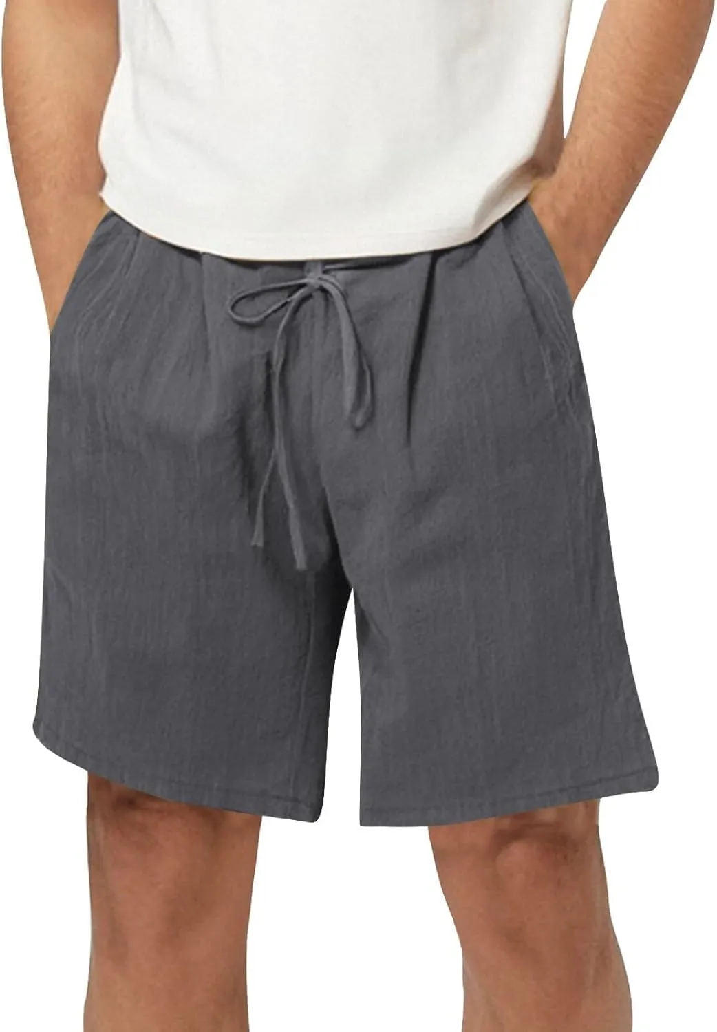 Men's Casual Drawstring Shorts Cotton Linen Loose Fit Breathable Shorts Summer Solid Color Lightweight Sweatpants