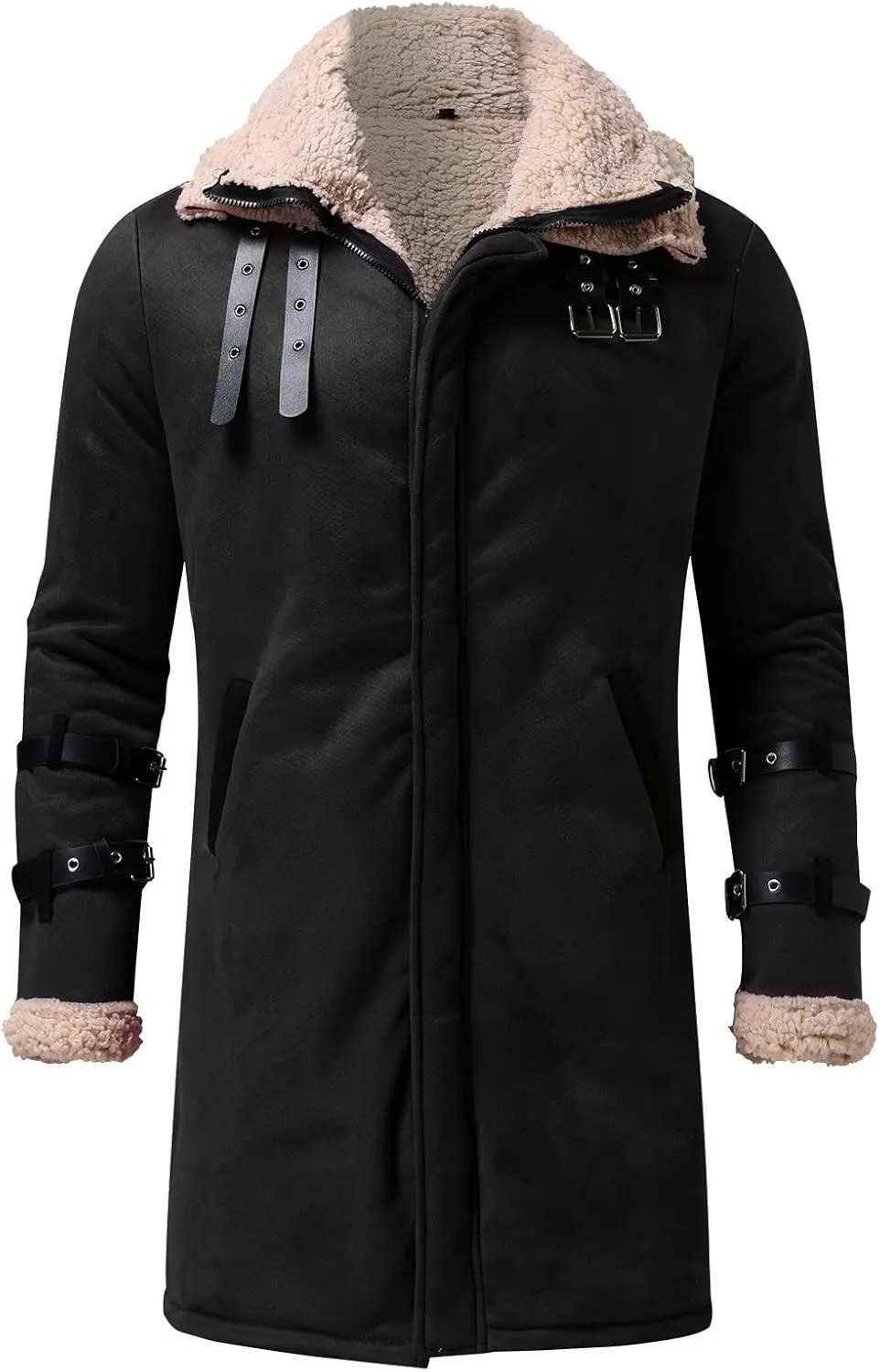 Mens Cotton Cargo Jacket Winter Sherpa Fleece Lined Work Jacket Coats Winter Warm Fur Collar Long Trench Coats Cargo Jacket