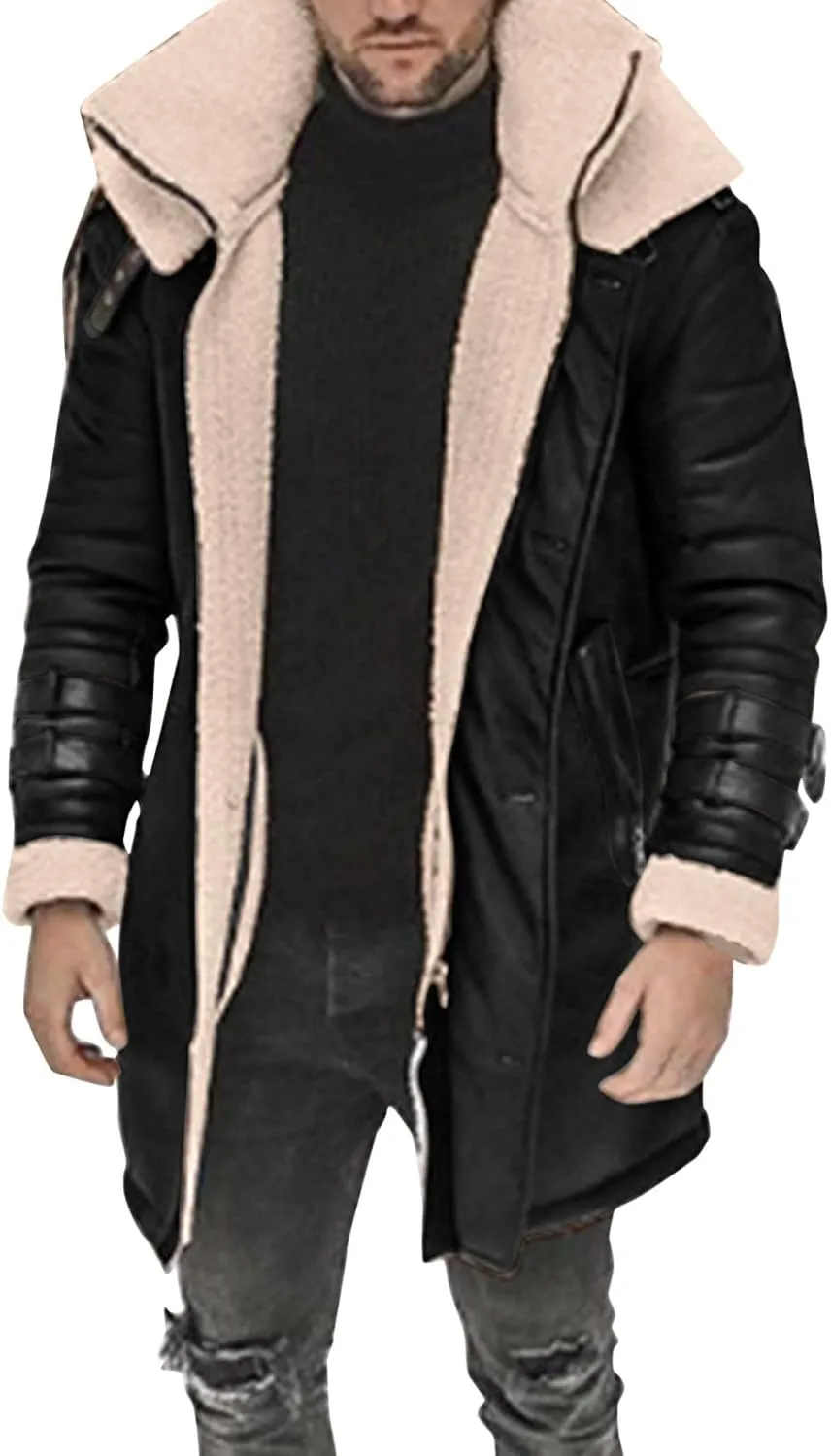 Mens Cotton Cargo Jacket Winter Sherpa Fleece Lined Work Jacket Coats Winter Warm Fur Collar Long Trench Coats Cargo Jacket