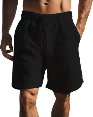 Mens Cotton Linen Shorts Elastic Waist Drawstring Summer Beach Casual Walking Shorts Yoga Bermuda Lounge Resort Wear