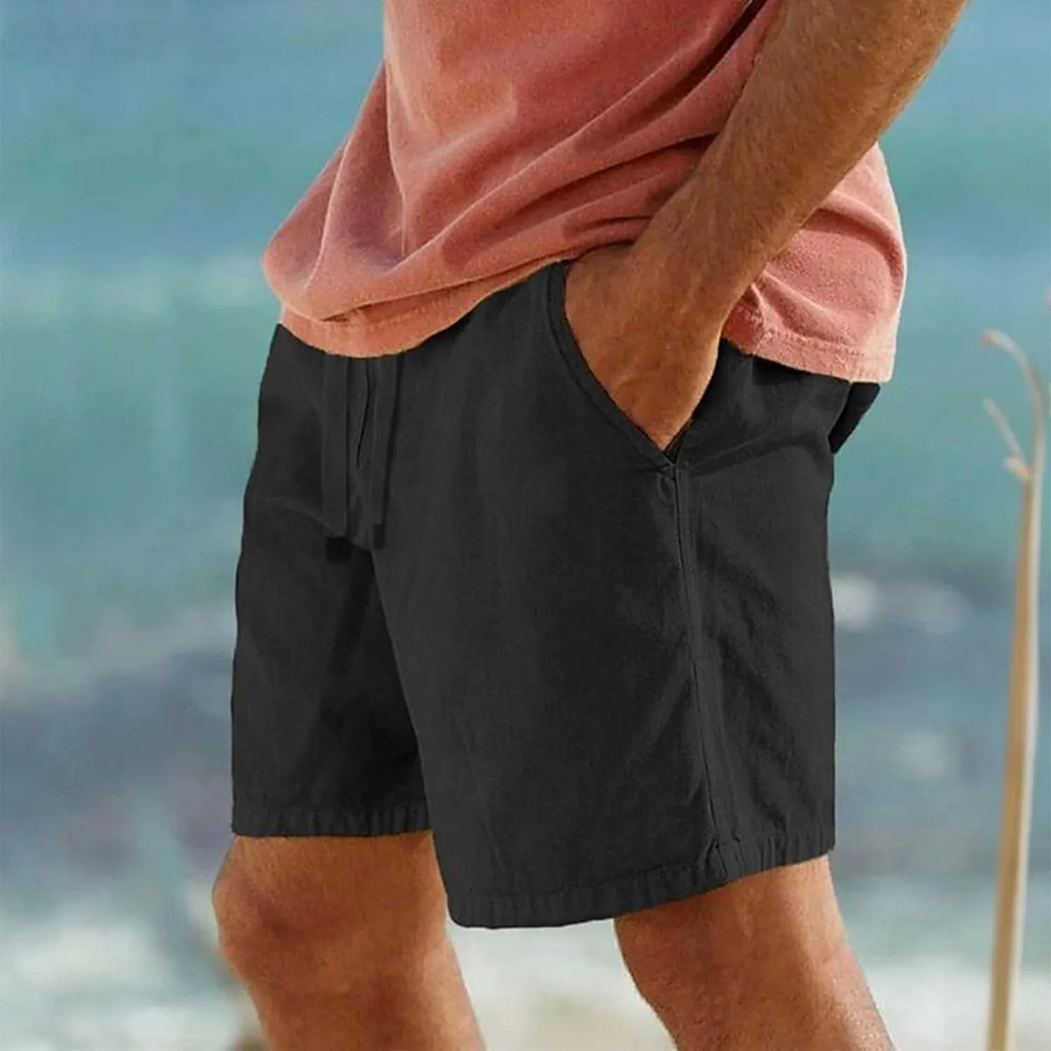 Mens Cotton Linen Shorts Summer Lightweight Casual Beach Shorts Drawstring Breathable Vacation Lounge Shorts
