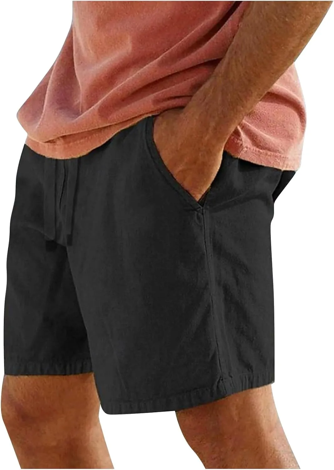 Mens Cotton Linen Shorts Summer Lightweight Casual Beach Shorts Drawstring Breathable Vacation Lounge Shorts