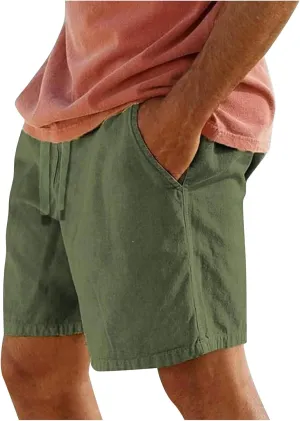 Mens Cotton Linen Shorts Summer Lightweight Casual Beach Shorts Drawstring Breathable Vacation Lounge Shorts