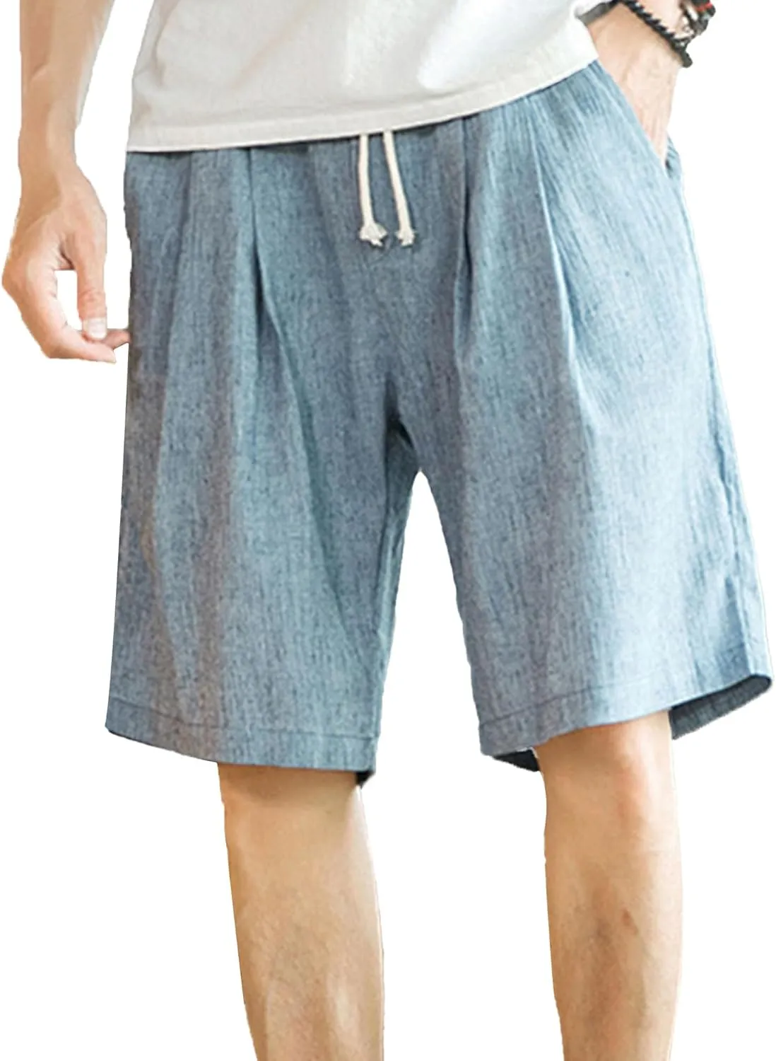 Men's Drawstring Cotton Linen Casual Thin Shorts Classic Fit Trend Lounge Shorts Solid Stretch Summer Beach Shorts