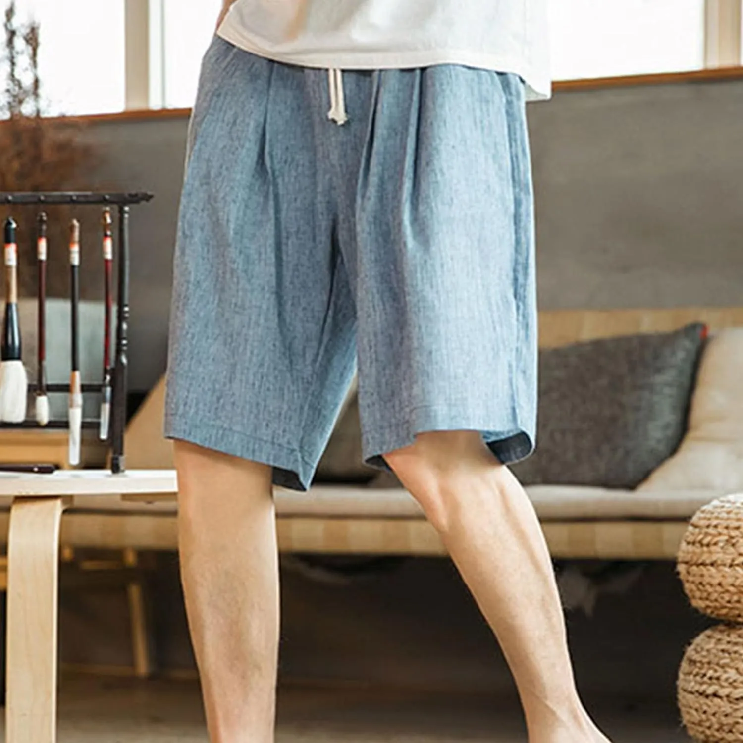 Men's Drawstring Cotton Linen Casual Thin Shorts Classic Fit Trend Lounge Shorts Solid Stretch Summer Beach Shorts