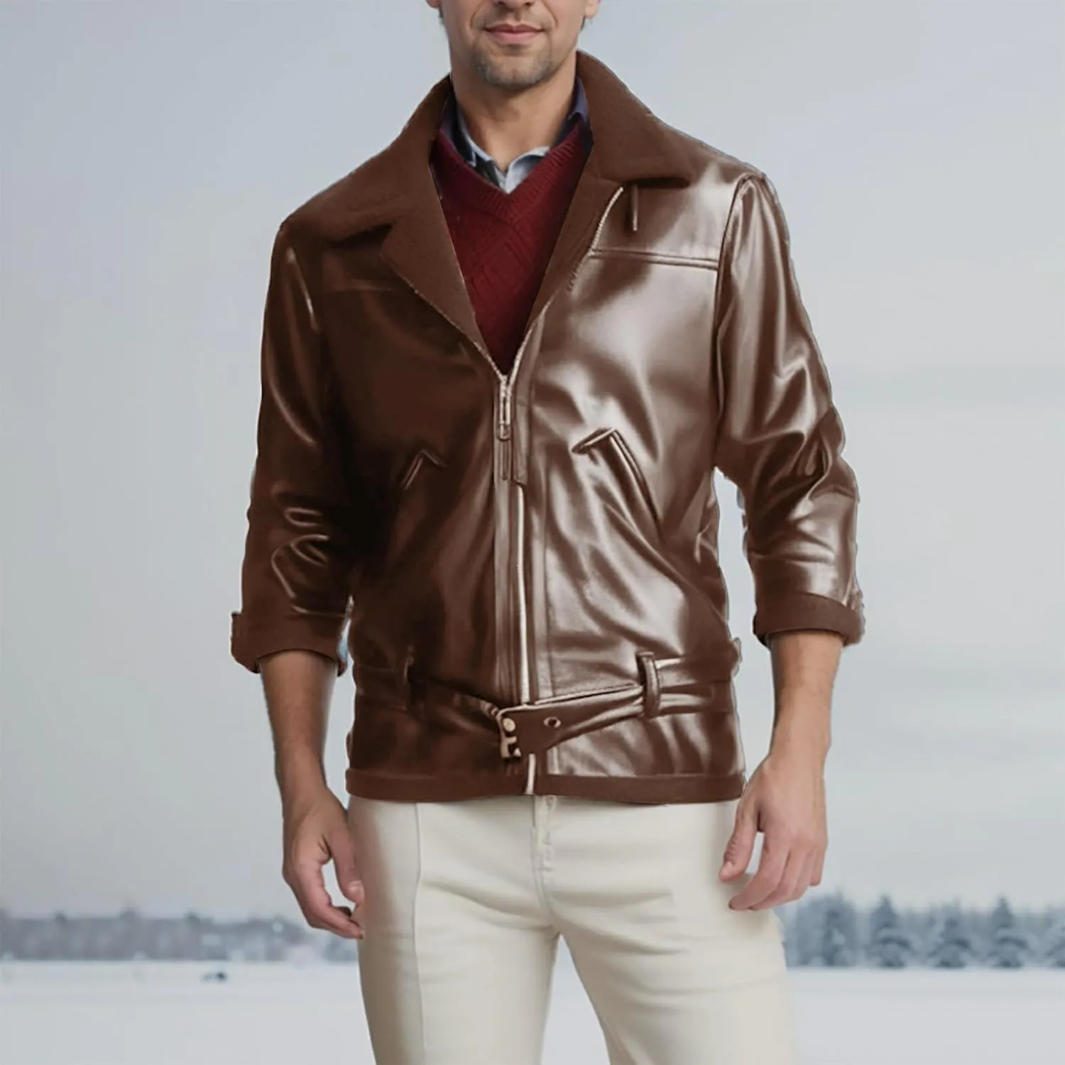 Mens Faux Leather Sherpa Lined Jacket Heavyweight Zip Up Motorcycle Bomber Jackets with Belt Winter Shearling Coats