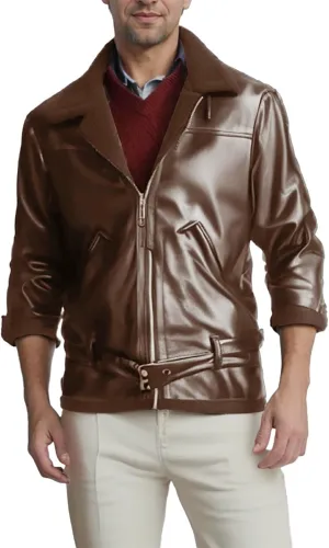 Mens Faux Leather Sherpa Lined Jacket Heavyweight Zip Up Motorcycle Bomber Jackets with Belt Winter Shearling Coats
