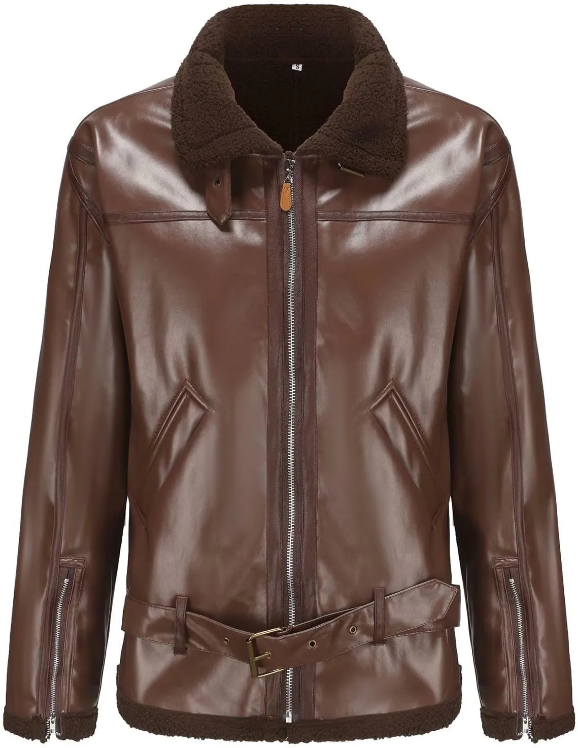 Mens Faux Leather Sherpa Lined Jacket Heavyweight Zip Up Motorcycle Bomber Jackets with Belt Winter Shearling Coats