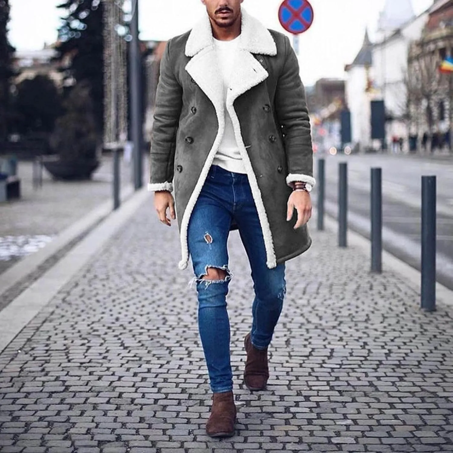 Mens Faux Suede Sherpa Fleece Lined Jackets Fur Collar Long Trench Coat Heavyweight Big and Tall Outwear Coat