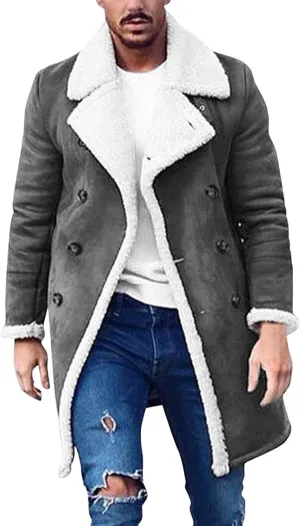 Mens Faux Suede Sherpa Fleece Lined Jackets Fur Collar Long Trench Coat Heavyweight Big and Tall Outwear Coat