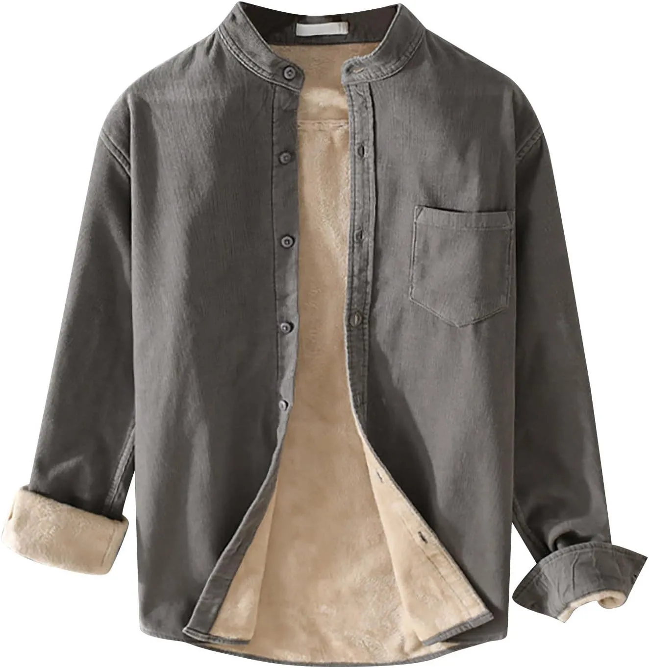 Mens Fleece Lined Corduroy Shirt Long Sleeve Button Down Sweatshirt Plus Size Textured Pullover Winter Thermal Jacket