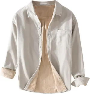 Mens Fleece Lined Corduroy Shirt Long Sleeve Button Down Sweatshirt Plus Size Textured Pullover Winter Thermal Jacket