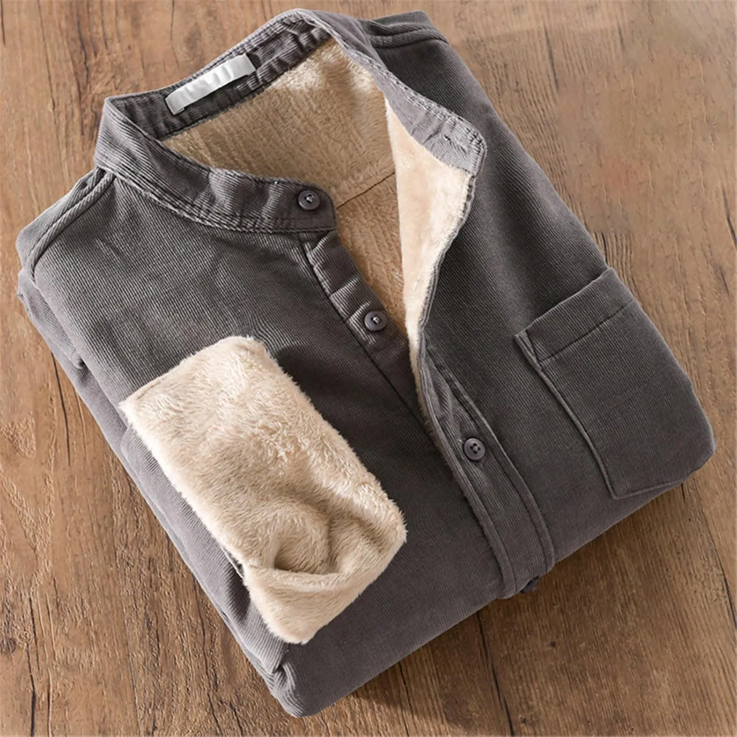 Mens Fleece Lined Corduroy Shirt Long Sleeve Button Down Sweatshirt Plus Size Textured Pullover Winter Thermal Jacket