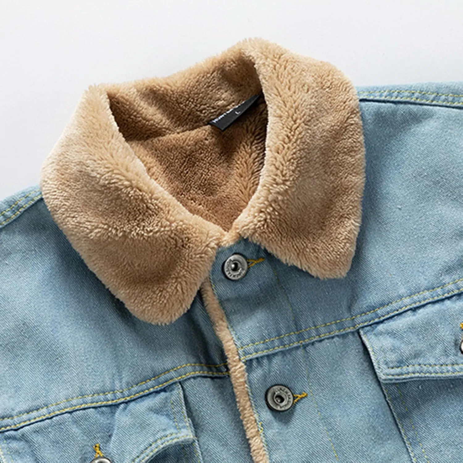 Mens Fleece Lined Denim Jacket Fur Collar Trucker Jacket Vintage Cargo Jacket Button Down Winter Coats Warm Outwear