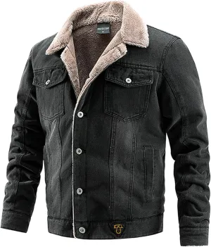 Mens Fleece Lined Denim Jacket Fur Collar Trucker Jacket Vintage Cargo Jacket Button Down Winter Coats Warm Outwear