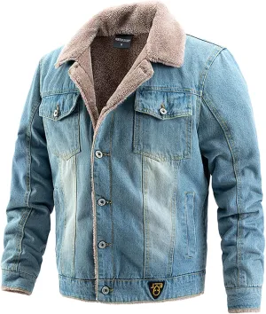 Mens Fleece Lined Denim Jacket Fur Collar Trucker Jacket Vintage Cargo Jacket Button Down Winter Coats Warm Outwear
